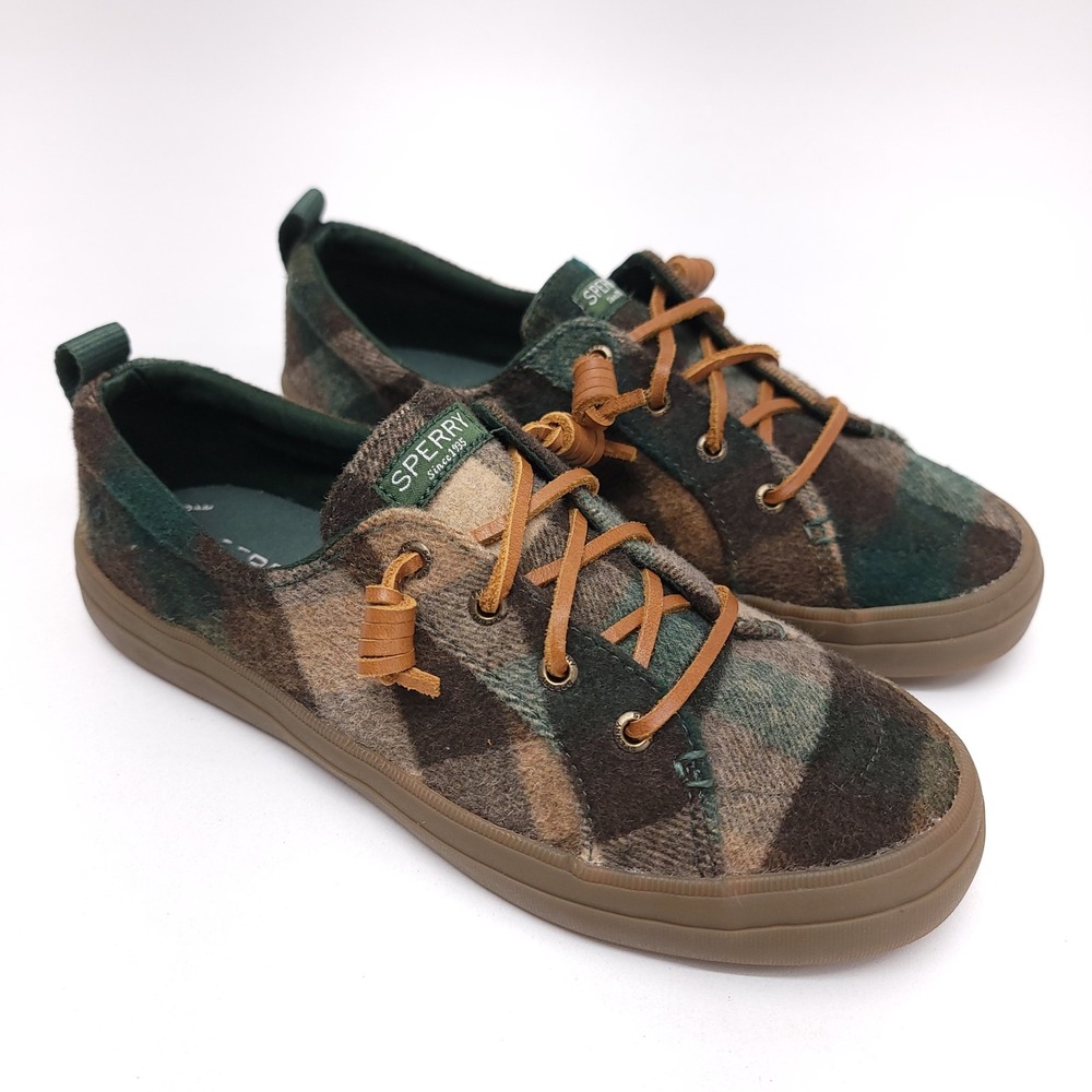 Sperry Crest Vibe Womens 8M Green Brown Plaid Wool Blend Sneakers STS84265